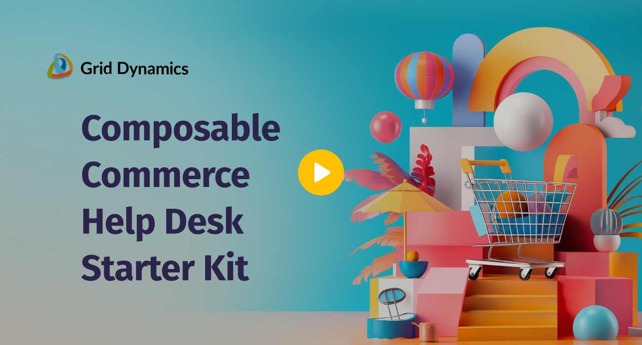 A shopping cart with goods, and the title Composable commerce help desk starter kit