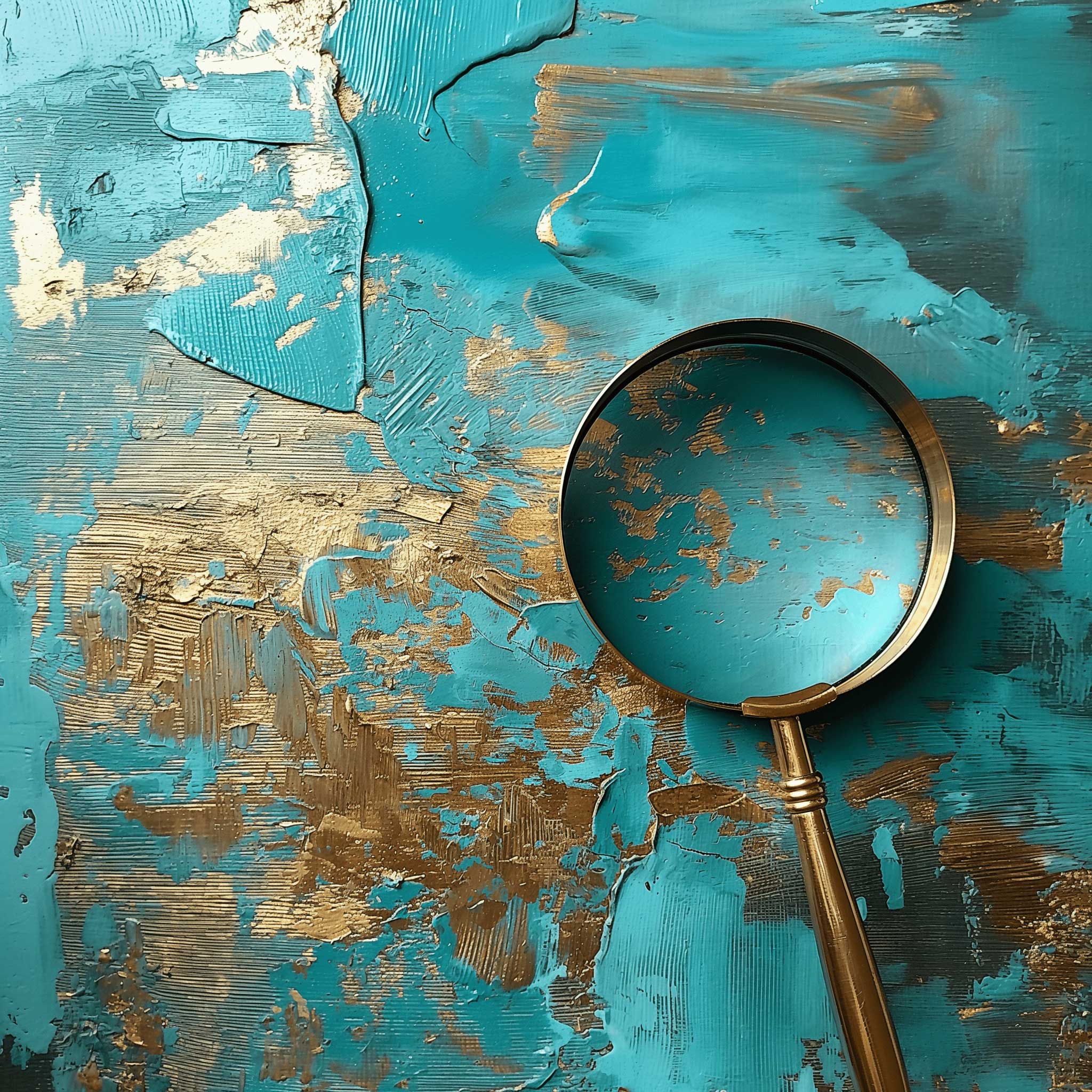 Magnifying glass on teal and gold surface