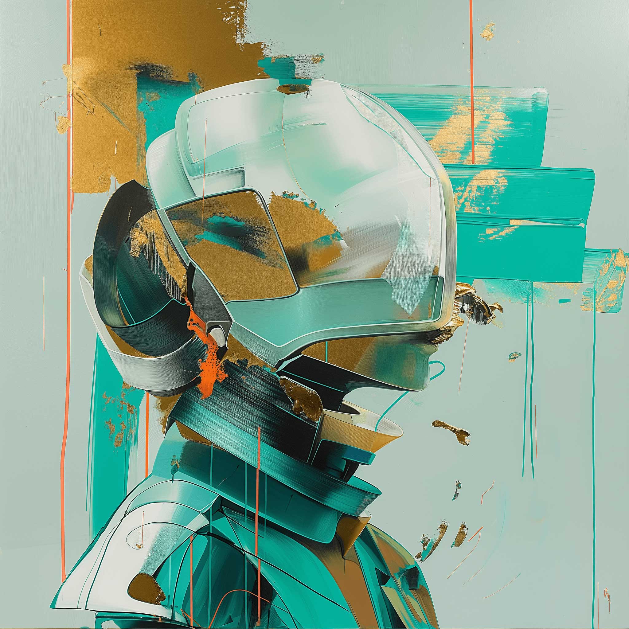 Futuristic helmet in teal and gold