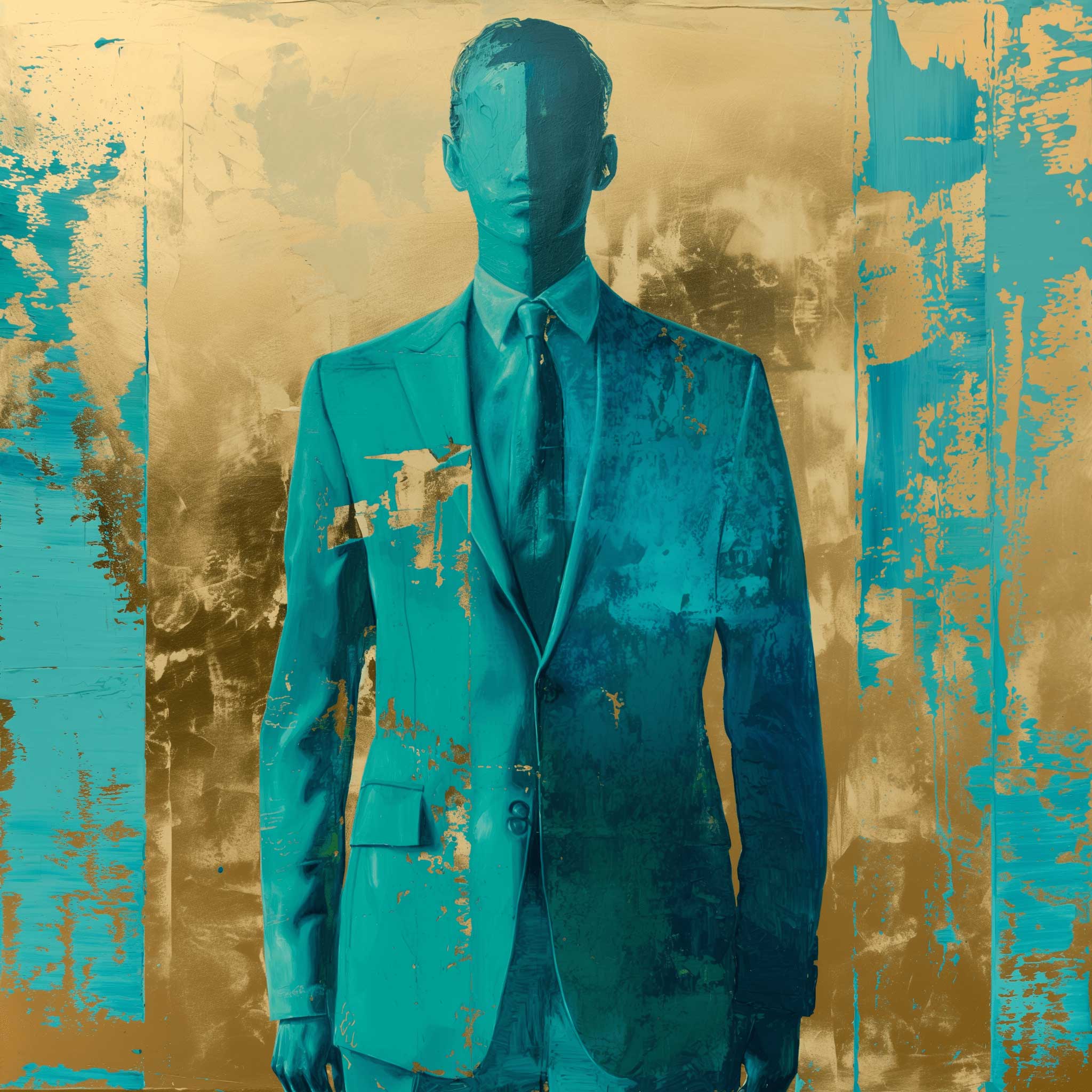 Faceless man in teal suit against gold