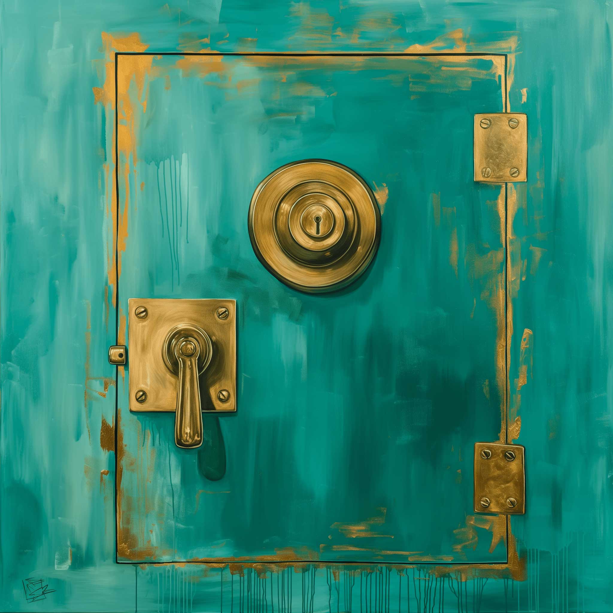 Teal door with brass handle and lock