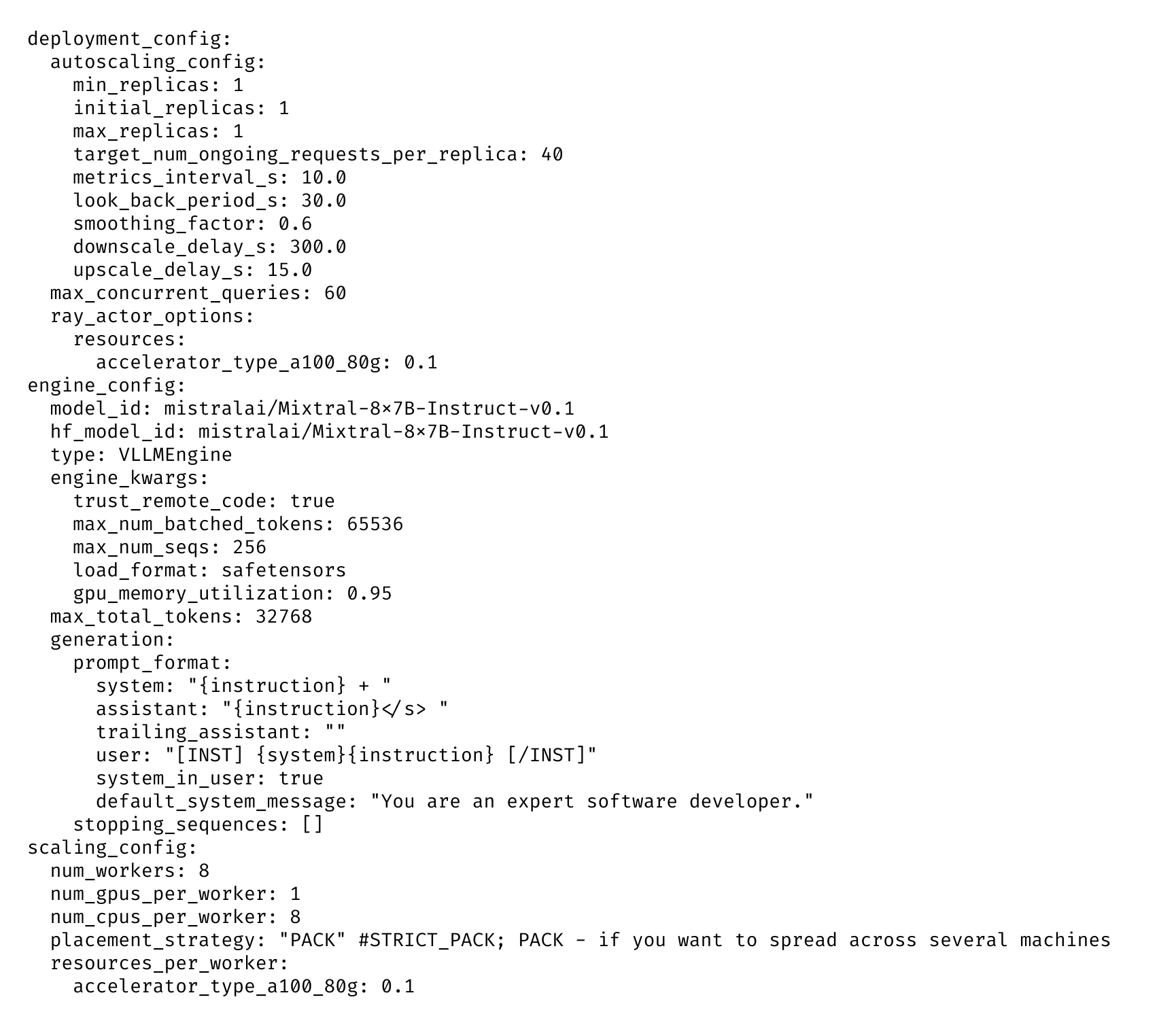 Configuration used to run Mixtral 7x8B on a Ray AI cluster